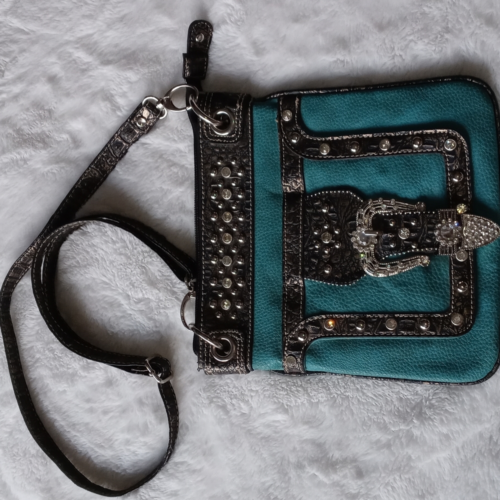 Pre-owned Great Condition Turquoise Purse w/ Embellishments/Gems & Buckle